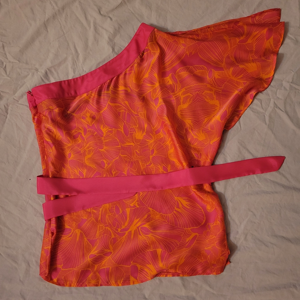 bebe Pink and Orange One-Shoulder Floral Blouse